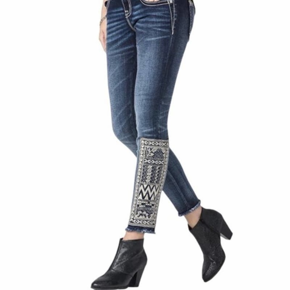 Miss Me Signature Ankle Skinny Jeans Tribal Boho Embroidered Raw Hem‎ Sz 26